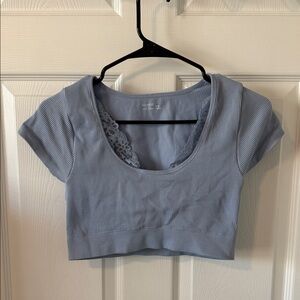 aerie Light Blue Ribbed Scoop Lace-Trim Crop Top